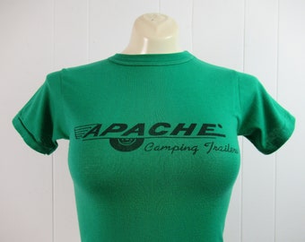 Vintage t shirt, 1970s t shirt, Apache trailer t shirt, green t shirt, camping t shirt, women's tee, vintage clothing, size small