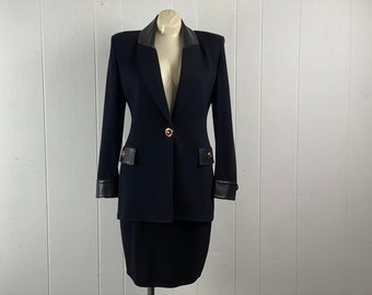 Vintage suit, size medium, women's suit, St. John suit, St. John jacket & skirt, black leather, skirt suit, 1980s suit, vintage clothing