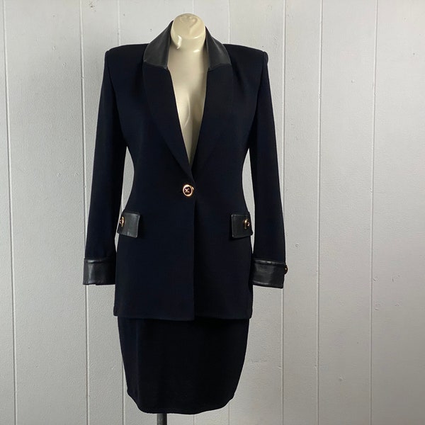Vintage suit, size medium, women's suit, St. John suit, St. John jacket & skirt, black leather, skirt suit, 1980s suit, vintage clothing