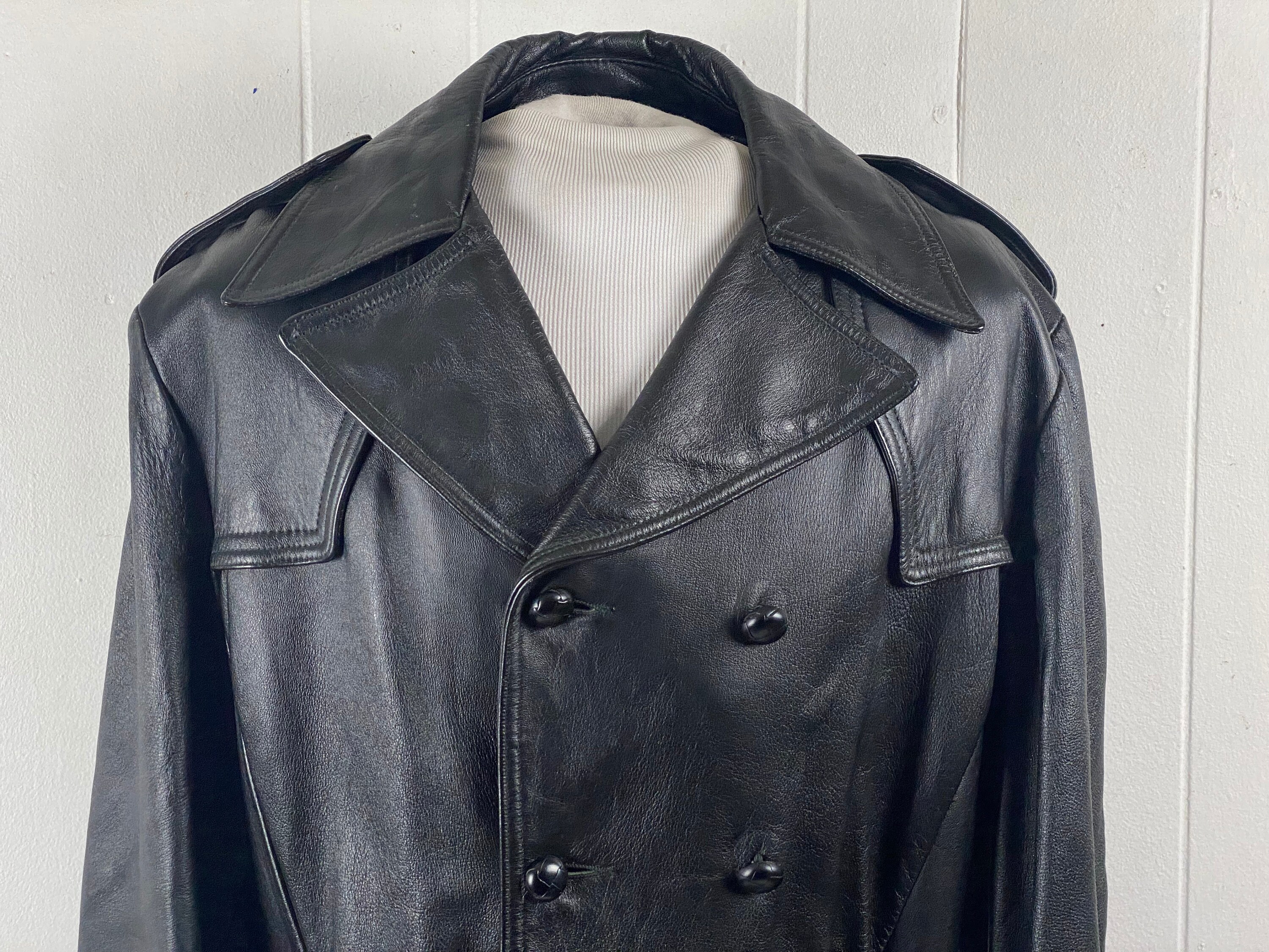 Vintage Leather Coat, Size Large, Leather Trench Coat, 1960s