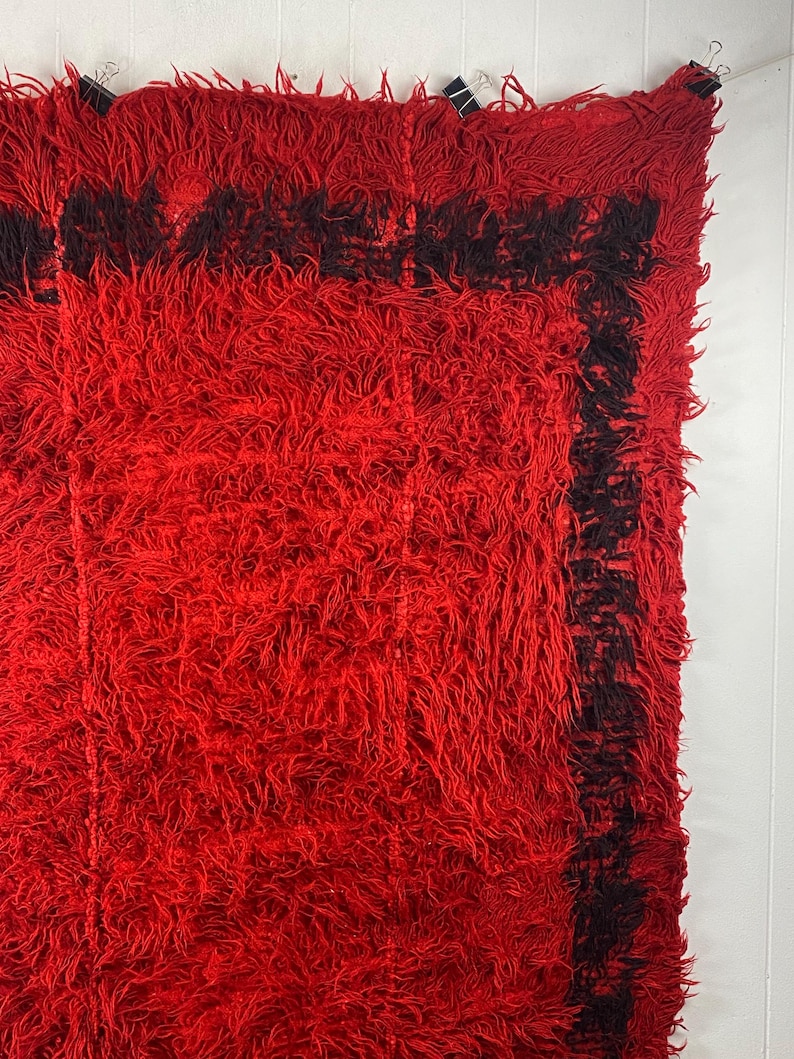 May include: A red shaggy rug with a black border. The rug is hanging on a wall with clips.