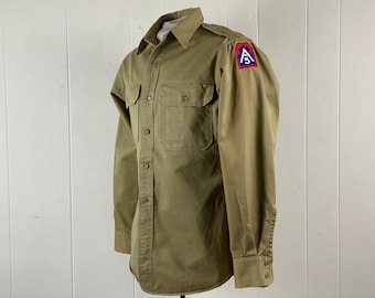 Vintage shirt, size medium, military shirt, Army shirt, 1950s shirt, khaki cotton shirt, US Army, shirt with patches, vintage clothing