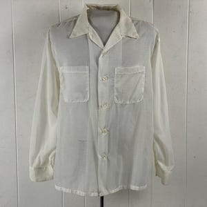Vintage shirt, size large, 1950s shirt, sheer nylon shirt, white shirt, Rockabilly shirt, top button loop, Guymont shirt, vintage clothing