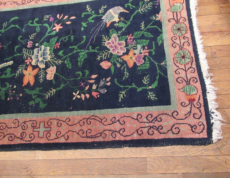 Vintage tapijt, Chinees tapijt, jaren 1920 tapijt, Art Deco tapijt, handgemaakt tapijt, wollen tapijt, Chinees textiel, weven, 5 ' x 3' afbeelding 5