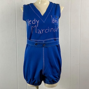 Vintage jumpsuit, size medium, vintage playsuit, 1930s romper, Gym suit, Autograph shirt, Hedy Marciniak, sportswear, vintage clothing