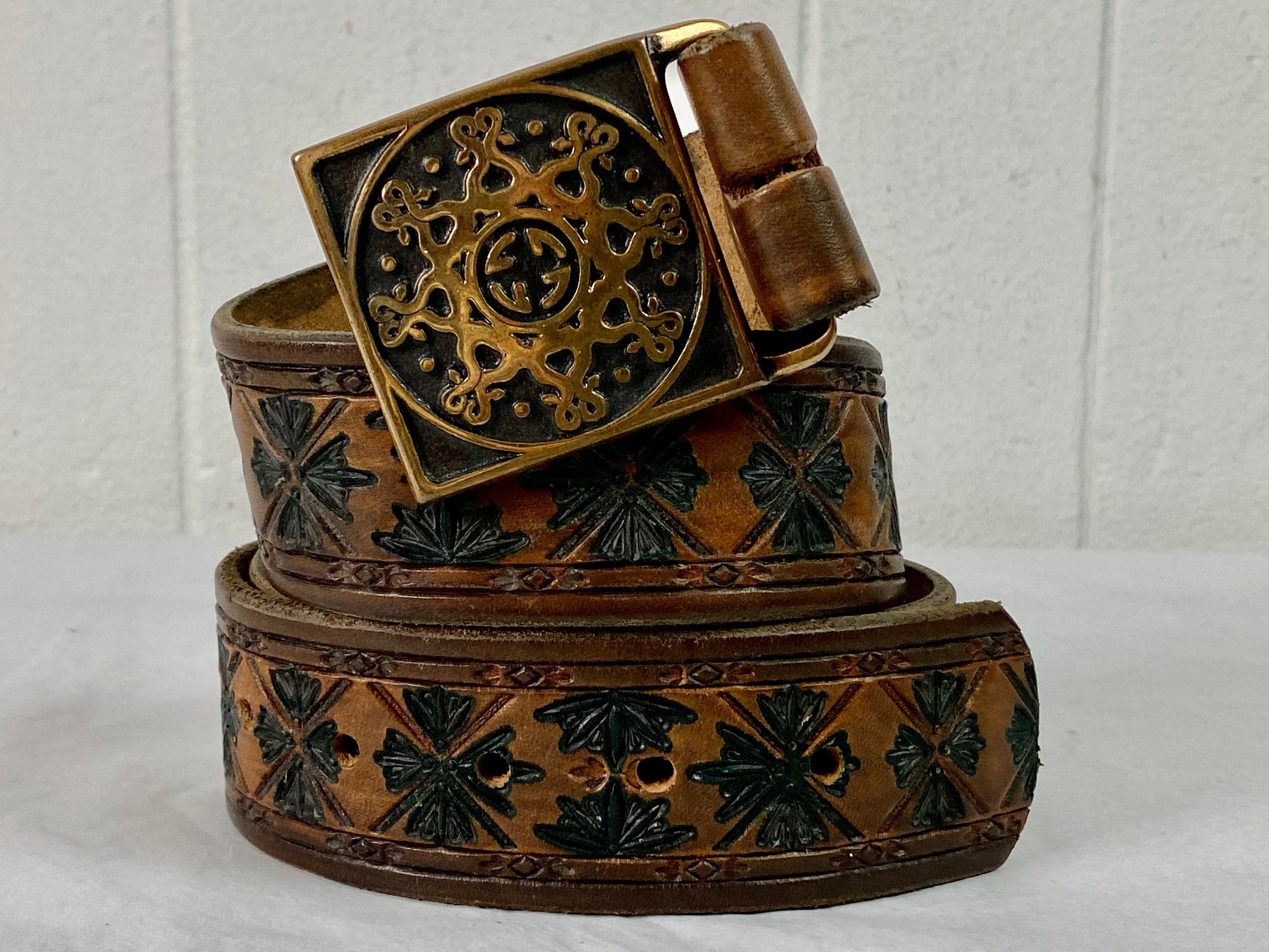 Scroll Hand Tooled Wide Belt with Mandala Buckle Scroll Hand Tooled Wide Belt with Mandala Buckle