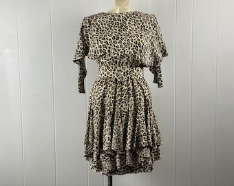 Vestido vintage, talla mediana, vestido estampado leopardo, vestido de los años 80, vestido de seda, vestido de diseñador, vestido estampado animal, St. Gillian, ropa vintage