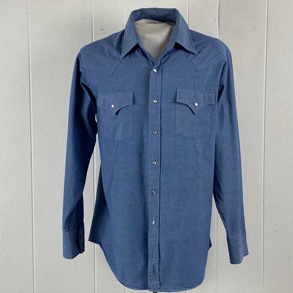 Vintage cowboy shirt, size large, 1980s shirt, blue western shirt, Rockabilly shirt, ELY Cattleman, vintage clothing