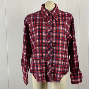 Vintage shirt, size large, woman&#39;s, 1960s shirt, cotton flannel shirt, plaid shirt, Kmart shirt, red blue flannel, vintage clothing, NOS