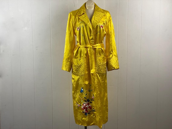 Vintage robe, size large, Asian robe, silk robe, embroidered robe, flower robe, jewel yellow robe, souvenir robe, vintage clothing, NOS