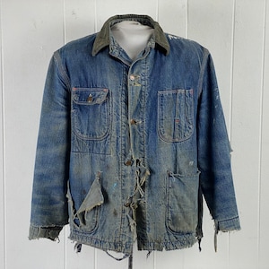 Vintage work jacket, size large, 1940s jacket, denim jacket, work chore barn jacket, vintage denim, distressed workwear, vintage clothing