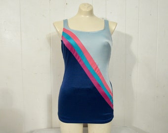 May include: A blue, pink, and turquoise striped swimsuit with a racerback style.