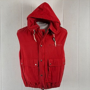 Vintage jacket, size medium, vest jacket, red jacket, Ralph Lauren parka, hooded jacket, stowaway hood, boating jacket, vintage clothing