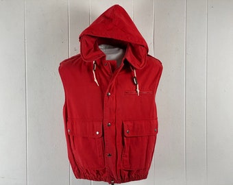 Vintage jacket, size medium, vest jacket, red jacket, Ralph Lauren parka, hooded jacket, stowaway hood, boating jacket, vintage clothing