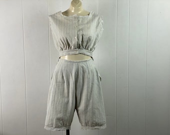 Vintage playsuit, 1900s play suit, vintage shorts, vintage blouse, vintage underwear, cotton flannel, Edwardian set, bloomers, size medium