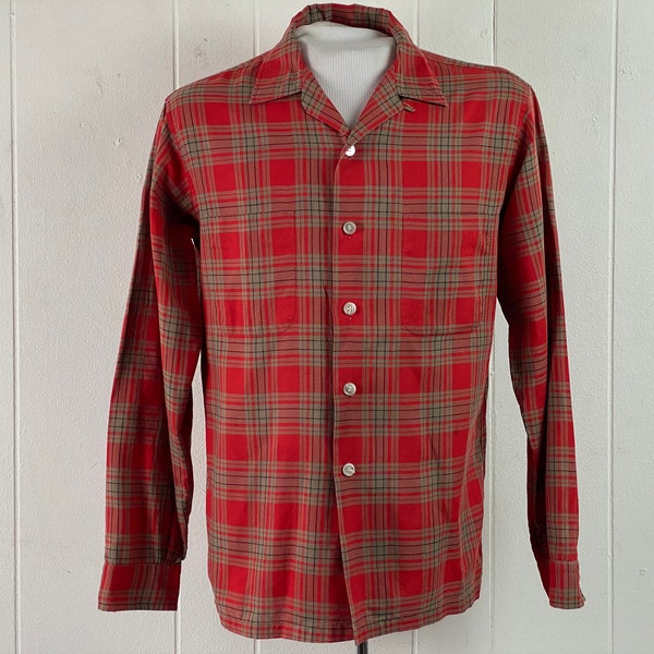 Vintage shirt, 1960s shirt, plaid shirt, Dongal shirt, top button loop, cotton plaid, cotton shirt, rockabilly, vintage clothing, medium