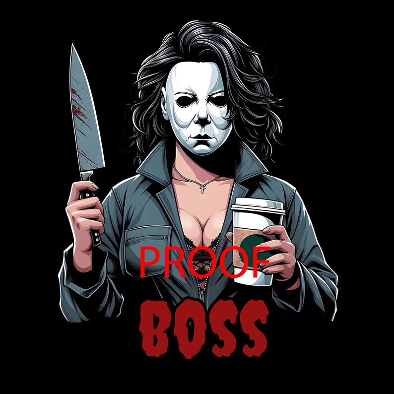 Może przedstawiać: Ilustracja kobiety w białej masce trzymającej zakrwawiony n&oacute;ż i filiżankę kawy. Tekst "PROOF BOSS" jest wydrukowany na czerwono. Kobieta ma na sobie niebieską kurtkę i naszyjnik z krzyżem na czarnym tle.