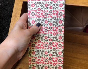 Skinny lined note book red floral cover ref 97