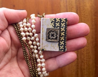 Handmade miniature book necklace, blank pages ref 189