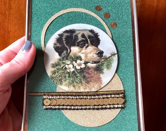 Vintage Christmas dog  collage in a frame ref 182