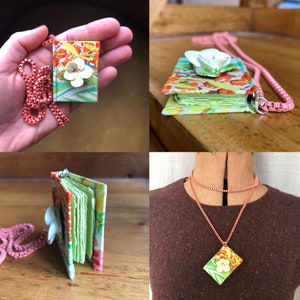 Floral fabric handmade miniature book necklace (79)