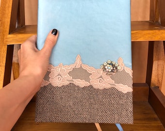 A5 Wool, Vintage silk and Lace covered Lined Journal (ref 35)