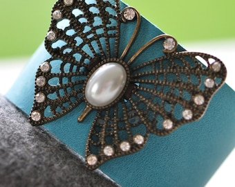 Turquoise leather butterfly cuff bracelet, festival jewellery, handmade by AnyaSophiaCo