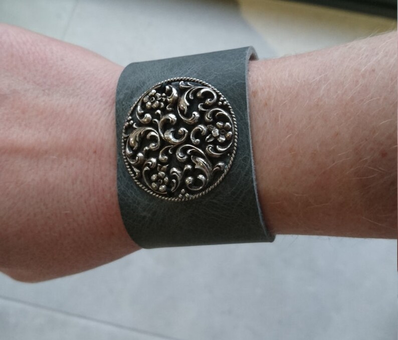 Grey cuff bracelet leather cuff bracelet boho cuff vintage silver indie bracelet handmade by AnyaSophiaCo