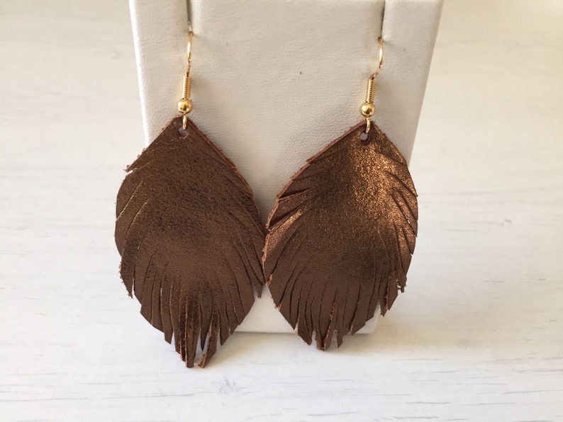bronze leather earrings metallic jewellery Bronze earrings statement earrings feather earrings