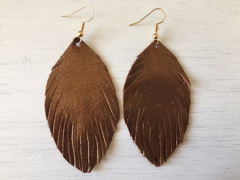 bronze leather earrings metallic jewellery Bronze earrings statement earrings feather earrings