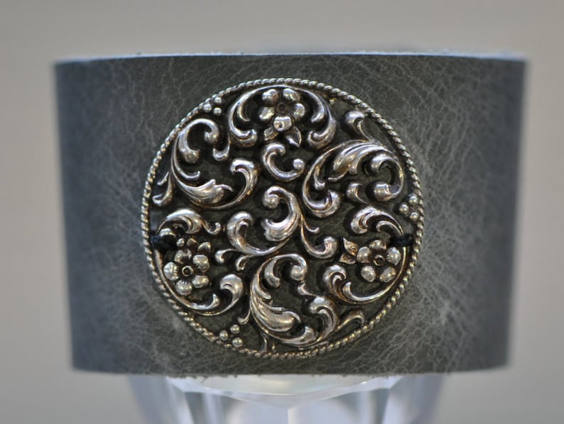 Grey cuff bracelet leather cuff bracelet boho cuff vintage silver indie bracelet handmade by AnyaSophiaCo