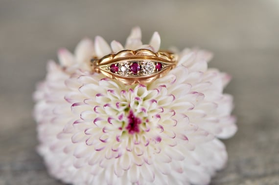 Victorian ring, ruby and diamond ring, antique gol