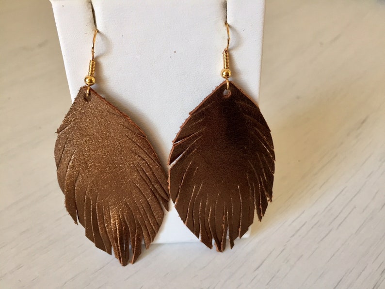 bronze leather earrings metallic jewellery Bronze earrings statement earrings feather earrings