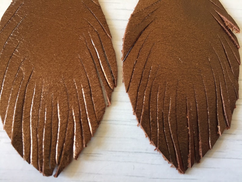 bronze leather earrings metallic jewellery Bronze earrings statement earrings feather earrings