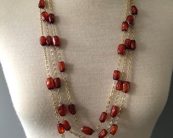 Vintage Toffee Coloured Plastic Bead Multi Strand Necklace, Hong Kong Signed Necklace, Earth Tones Jewelry, Gift for Her
