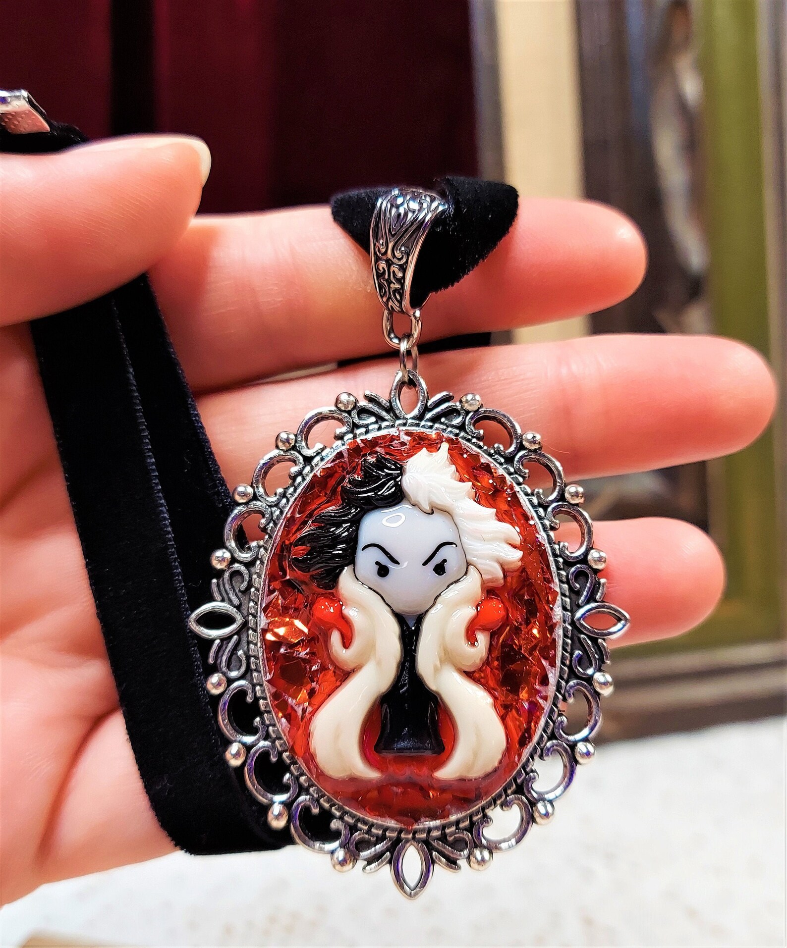 Cruella DeVil Necklace Disney Jewelry Resin Art Pendant Etsy