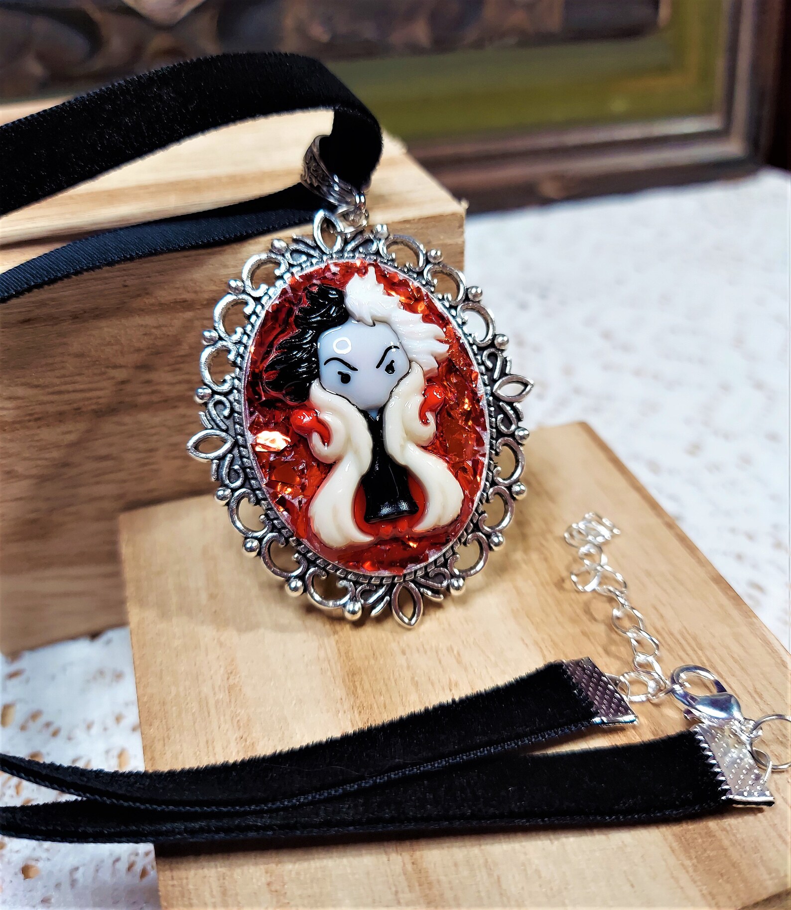 Cruella DeVil Necklace Disney Jewelry Resin Art Pendant Etsy