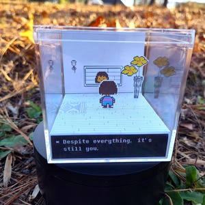 May include: A clear acrylic display box with a video game scene. The scene shows a character, flowers, and the text "Despite everything, it's still you."