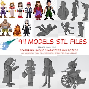 以下が含まれることがあります： 様々なポーズや衣装のビデオゲームキャラクターの3Dモデルのコレクション。画像には「94 MODELS STL FILES」と「FEATURING UNIQUE CHARACTERS AND POSES!!」というテキストが含まれています。