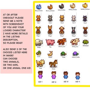 May include: A collection of pixelated animal and character graphics. The image includes various chickens, cats, dogs, sheep, pigs, cows, and other animals. There are also four kid characters. Text on the left side provides instructions for the buyer.
