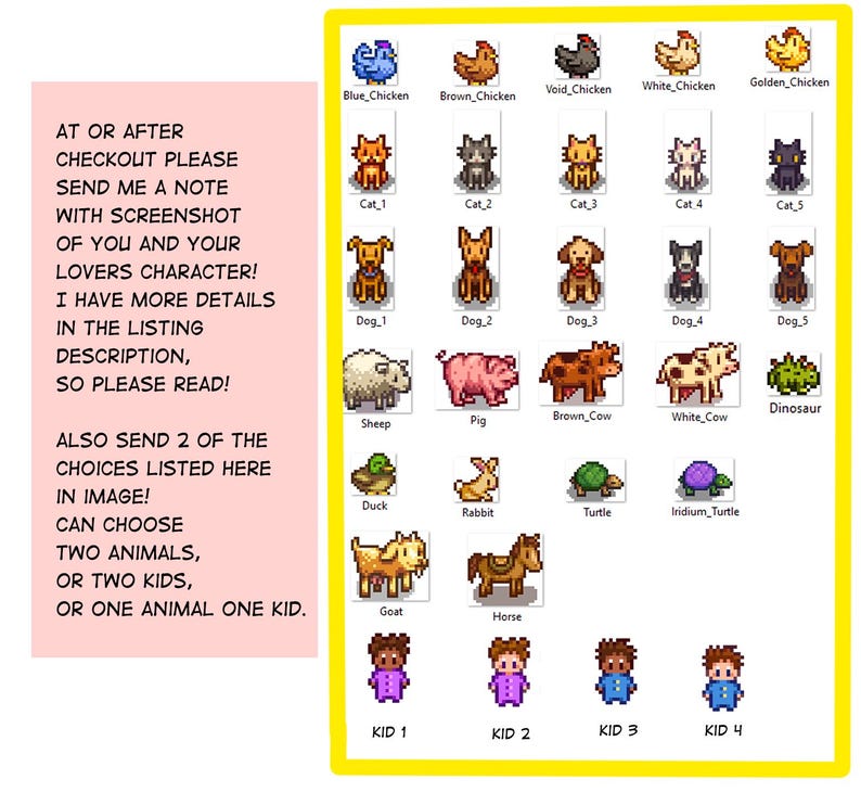 May include: A collection of pixelated animal and character graphics. The image includes various chickens, cats, dogs, sheep, pigs, cows, and other animals. There are also four kid characters. Text on the left side provides instructions for the buyer.