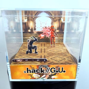 May include: A clear acrylic display case featuring a diorama of a video game scene. Two character figures are positioned on a patterned floor, with a detailed background. The case has the text "hack//G.U." on the front.