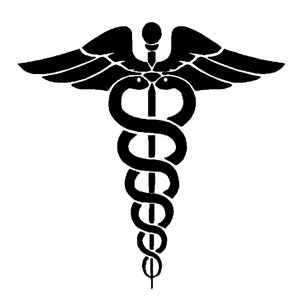 May include: A black and white illustration of the Caduceus, a symbol associated with medicine and healing. It features a staff with two snakes intertwined around it and wings at the top.