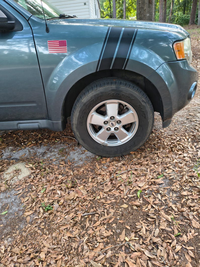 May include: A teal SUV with black racing stripes and an American flag sticker on the front wing. The vehicle has a silver wheel and a black tyre. The car is parked on a surface covered in fallen leaves.