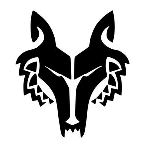 May include: Black and white stylized illustration of a wolf's head with a fierce expression. The wolf's head is facing forward with its mouth open and teeth showing. The illustration is in a tribal style with geometric patterns.