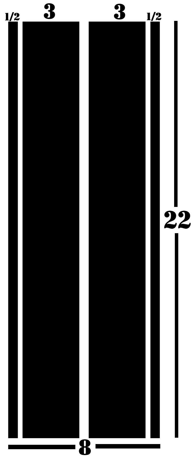 May include: Black and white graphic with dimensions. The image is 55.88 cm tall and 20.32 cm wide, with two black rectangles separated by a white stripe. The outer white stripes are 1.27 cm wide.