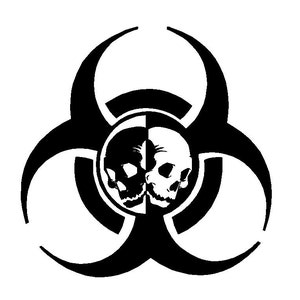 Może przedstawiać: Czarno-biały projekt graficzny przedstawiający symbol zagrożenia biologicznego z dwiema czaszkami. Jedna czaszka jest czarna, druga biała, podzielona na pół. Projekt jest na białym tle.
