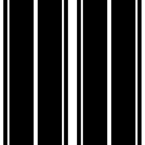 May include: A graphic design with a repeating pattern of vertical black bars and thin white stripes. The design is simple and bold, with a high contrast between the black and white elements.