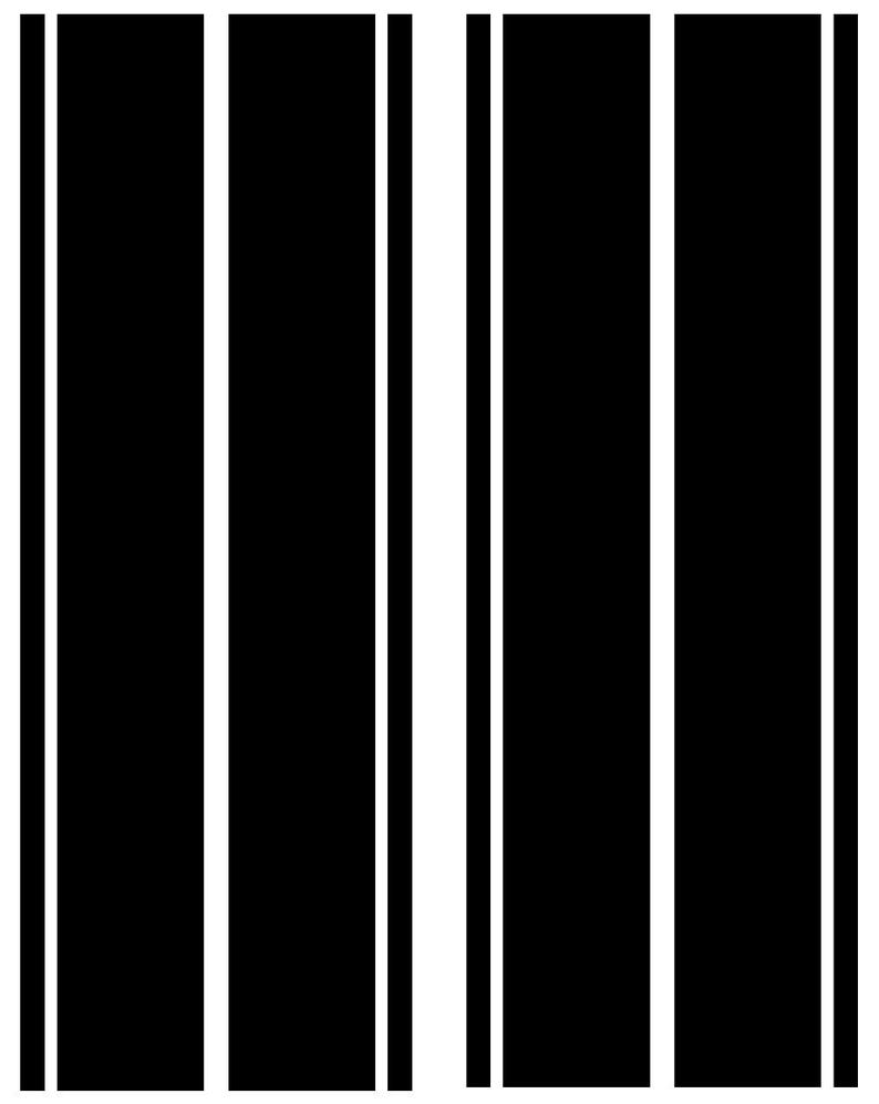 May include: A graphic design with a repeating pattern of vertical black bars and thin white stripes. The design is simple and bold, with a high contrast between the black and white elements.