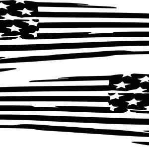 May include: Two distressed American flag decals in black and white. The flags are tattered and torn, giving them a rugged and patriotic look.